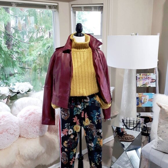 NWT Bod & Christensen faded bordeaux red moto cropped leather jacket, M - Picture 2 of 8